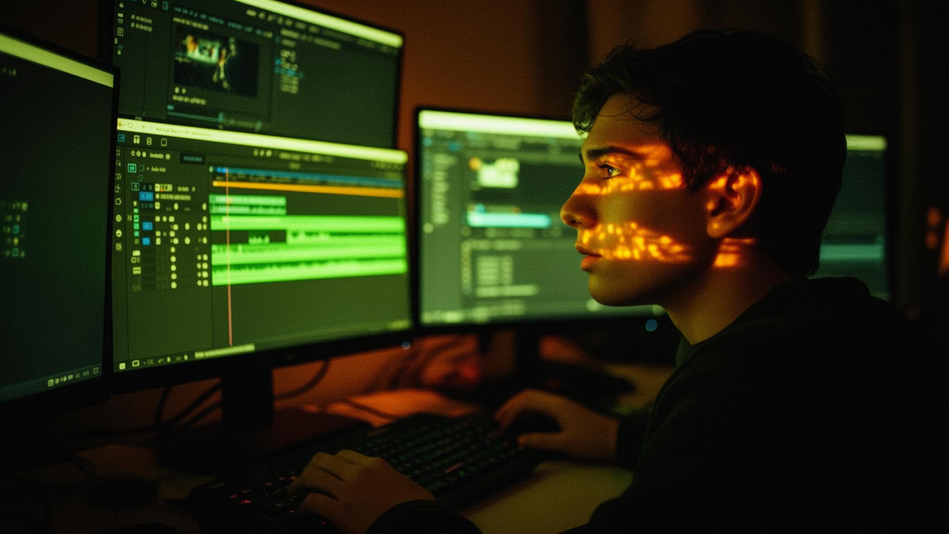 Editor at work on a multi-monitor setup